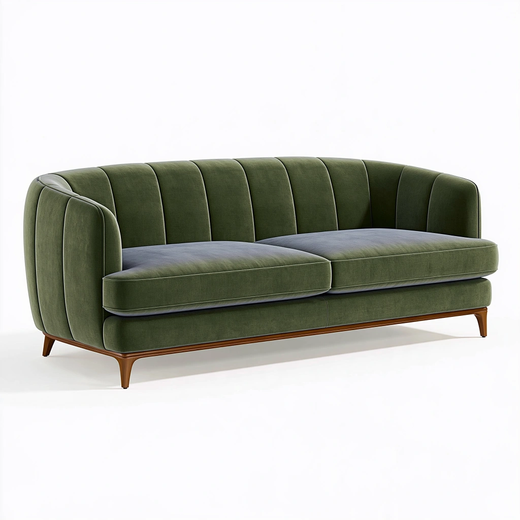 Canapé 3 places 220 cm en textile aspect velours vert avec piètement en bois style vintage