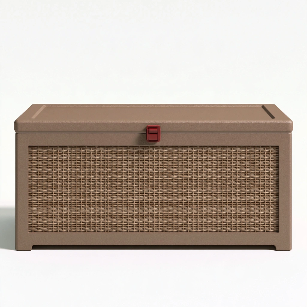 Coffre de rangement extérieur 120 x 55 x 60 cm en résine taupe tressée avec couvercle
