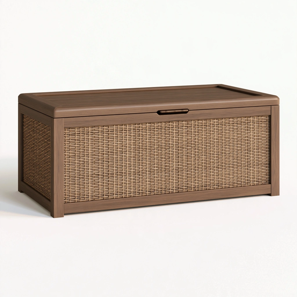 Coffre de rangement 100 x 45 x 50 cm en bois brun avec panneau en rotin tressé