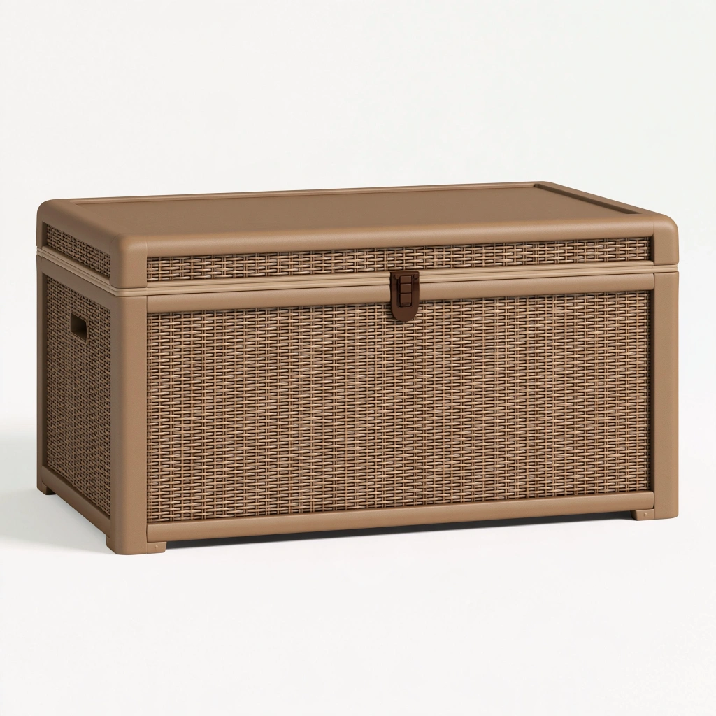 Coffre de rangement 100 x 50 x 55 cm en résine tressée marron avec couvercle pour extérieur