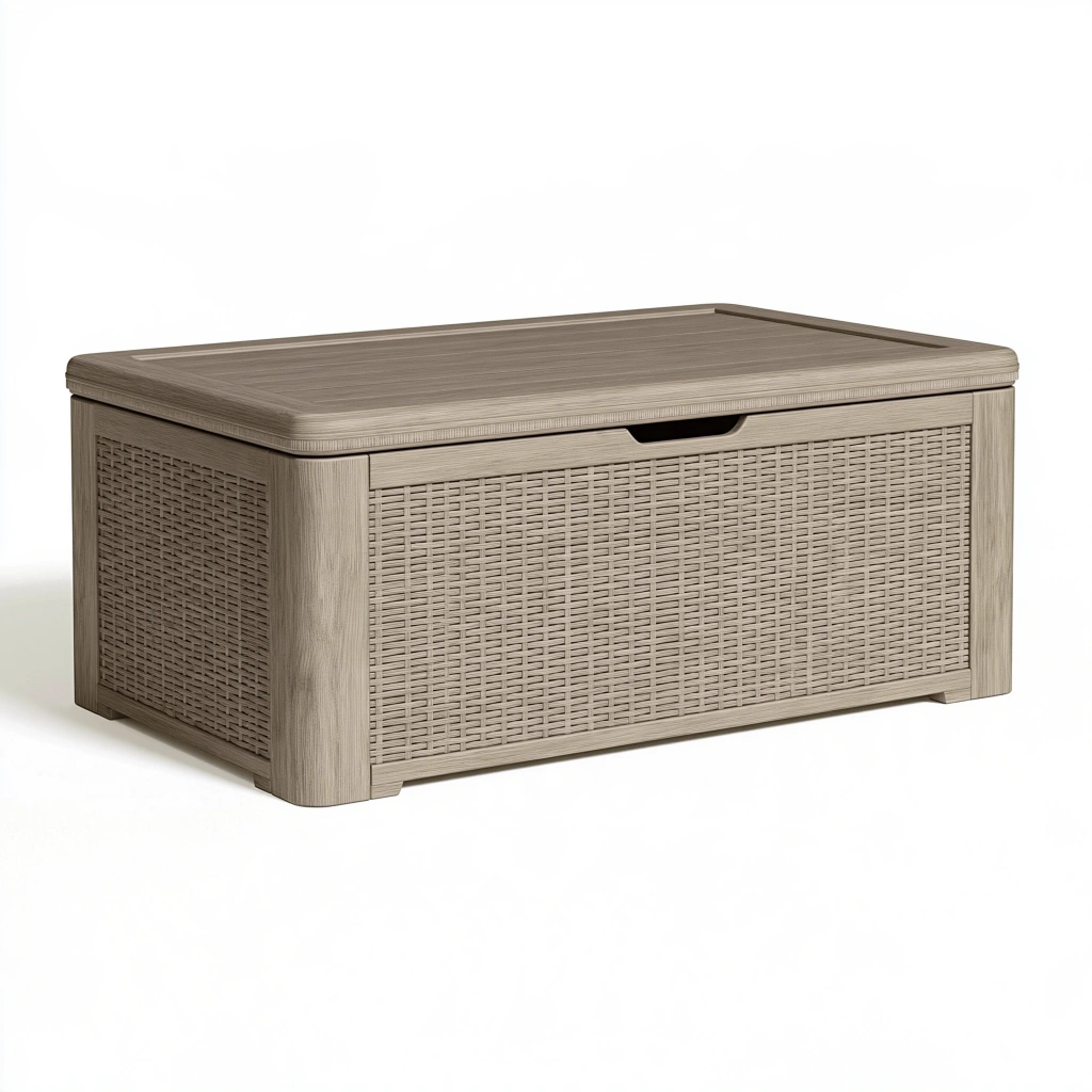 Coffre de rangement 120 x 50 x 60 cm en résine tressée gris taupe pour extérieur avec couvercle