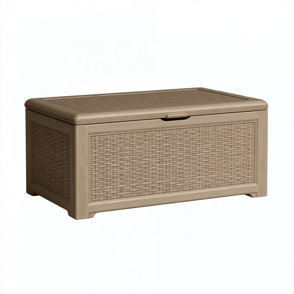 Coffre de rangement 117 x 45 x 56 cm en résine taupe effet tressé pour extérieur