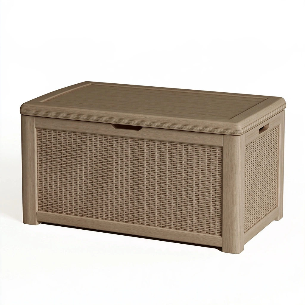 Coffre de rangement 100 x 50 x 55 cm en résine taupe effet tressé avec couvercle