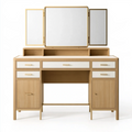 Coiffeuse 150 x 50 x 160 cm en panneaux de bois beige et blanc avec miroir triptyque rangement moderne
