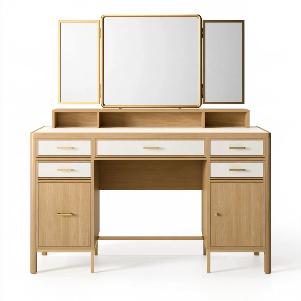 Coiffeuse 150 x 50 x 160 cm en panneaux de bois beige et blanc avec miroir triptyque rangement moderne