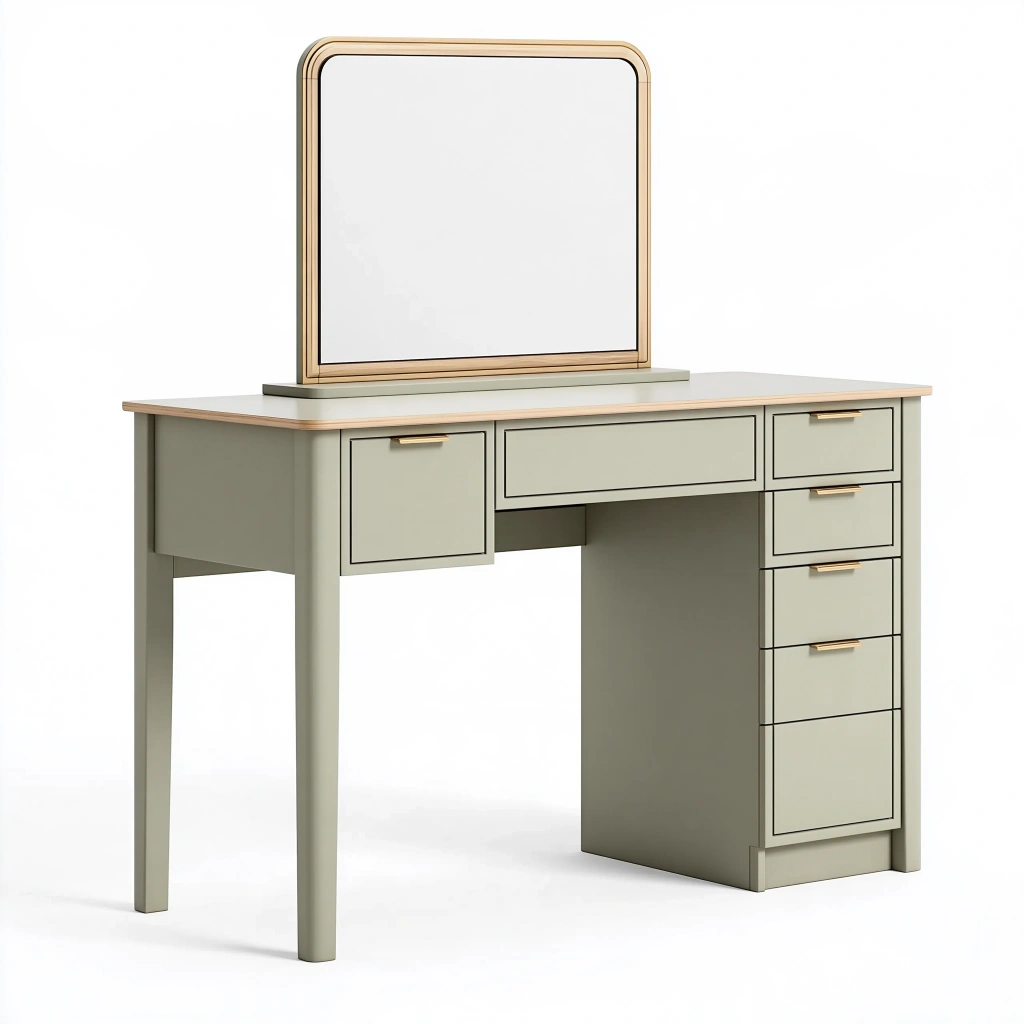 Coiffeuse 120 x 45 x 140 cm en bois d'ingénierie vert sauge avec miroir et tiroirs