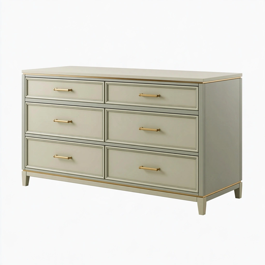 Commode 140 x 45 x 82 cm en bois vert sauge à 6 tiroirs style classique