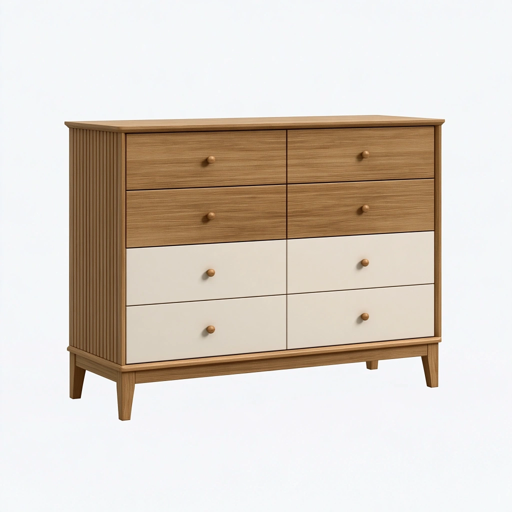Commode 140 x 45 x 95 cm en bois marron et blanc à 8 tiroirs style scandinave