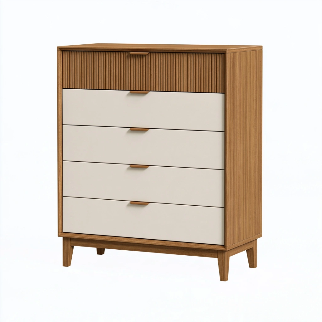 Commode 90 x 45 x 115 cm en bois marron et blanc à 5 tiroirs style scandinave