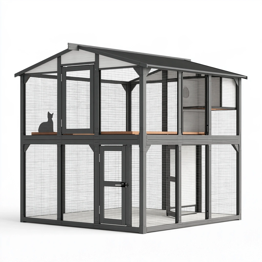 Enclos extérieur pour chat 200 x 100 x 180 cm en bois et métal gris à deux niveaux