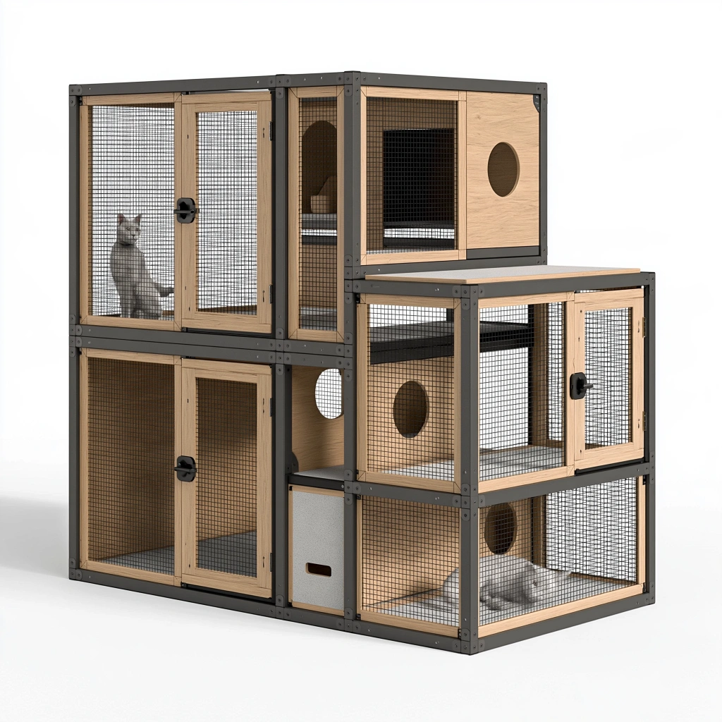 Cage pour chats 180 cm en bois naturel et métal noir à plusieurs niveaux