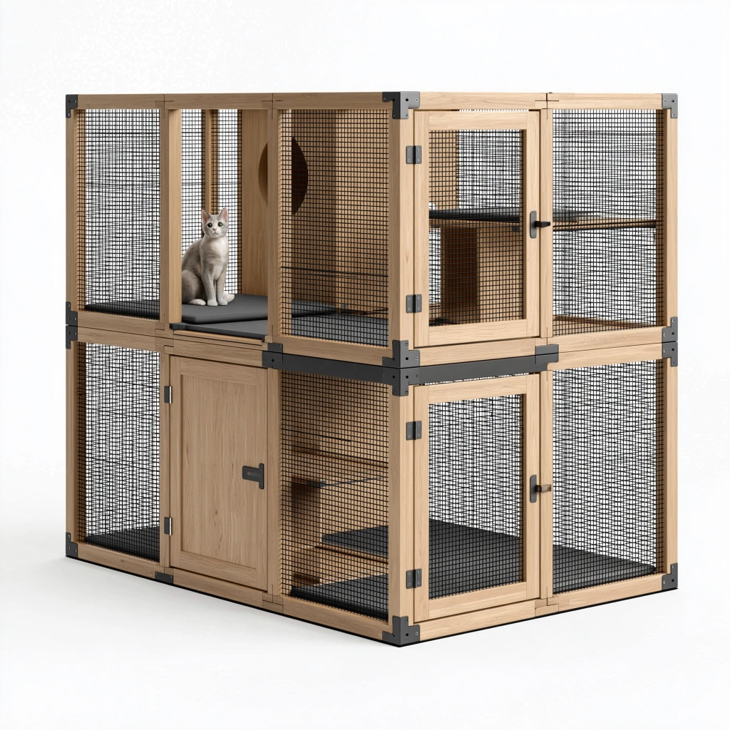 Enclos pour chat 120 x 60 x 120 cm en bois naturel et maille métallique noir à deux niveaux