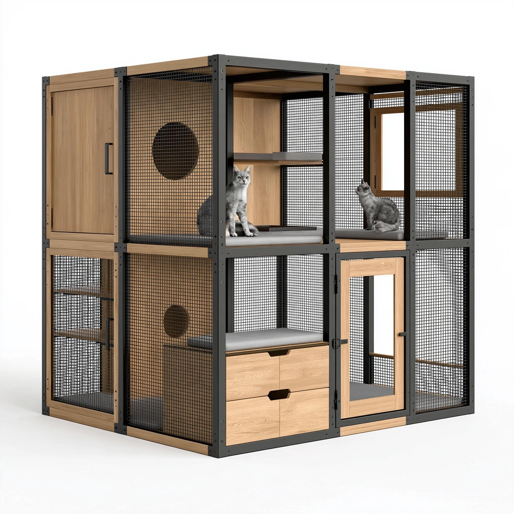 Enclos pour chat 180 x 90 x 180 cm bois brun métal noir avec rangements style industriel