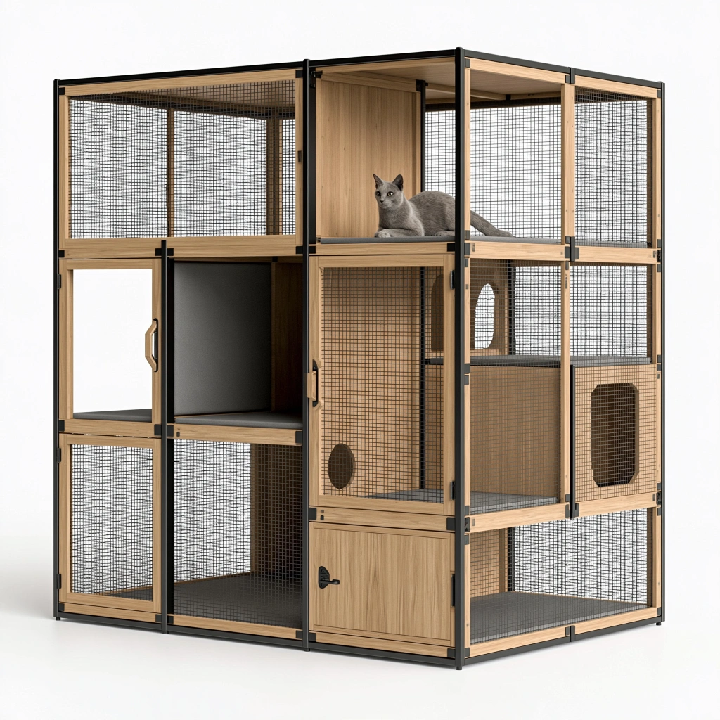 Enclos pour chat 180 x 90 x 180 cm en bois naturel et métal noir à plusieurs niveaux