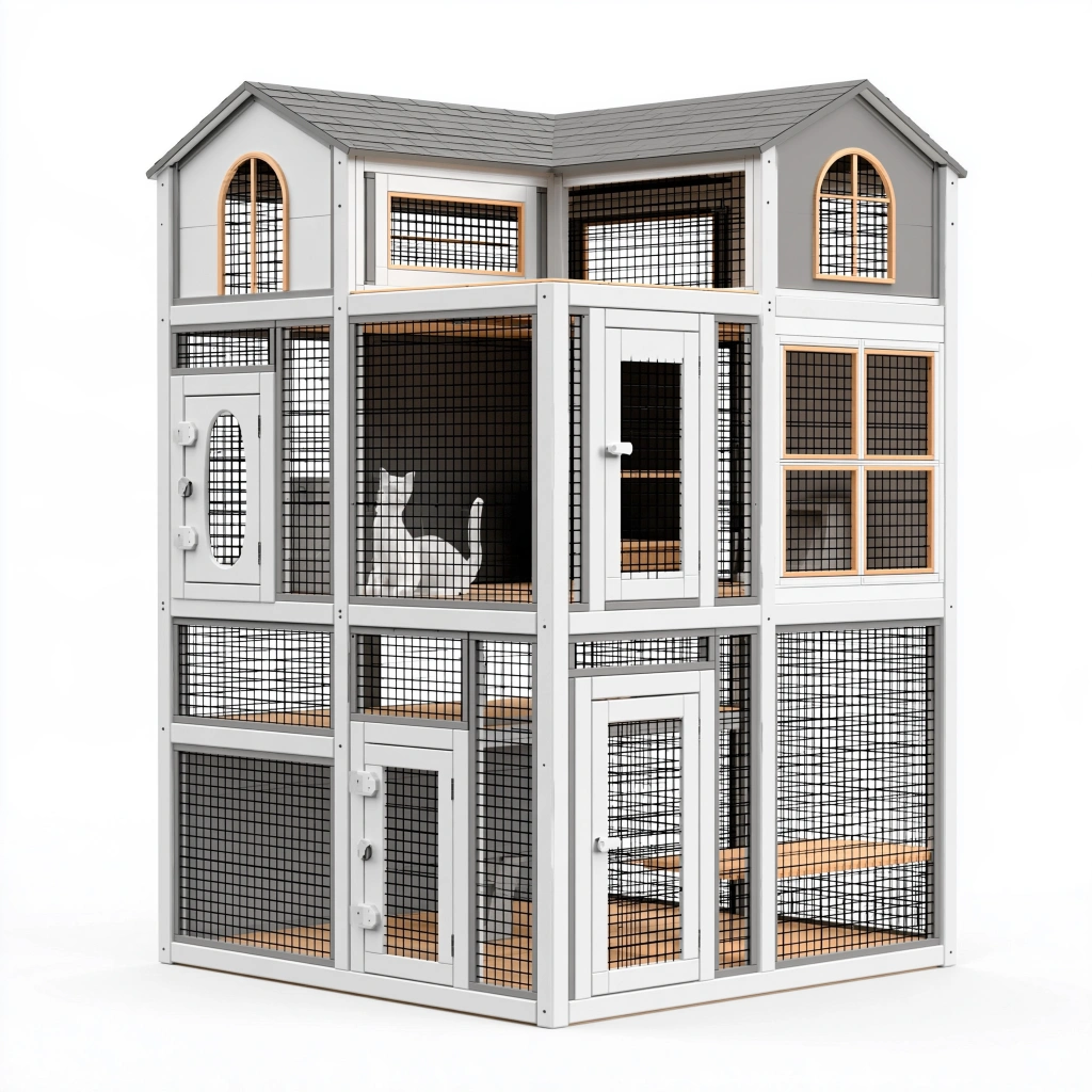 Enclos pour chat 120 x 80 x 180 cm en bois gris et grille métallique à deux niveaux