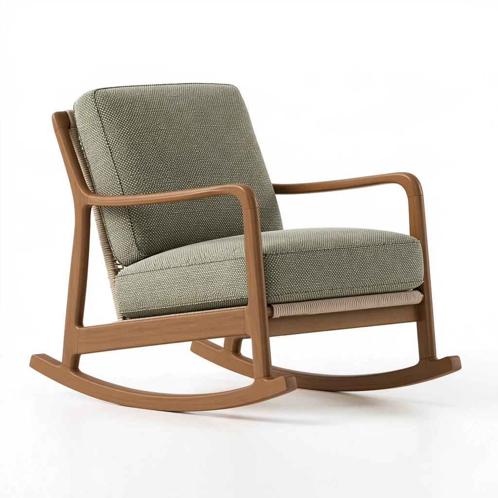 Fauteuil à bascule 70 x 95 x 98 cm en bois marron et tissu vert olive style contemporain