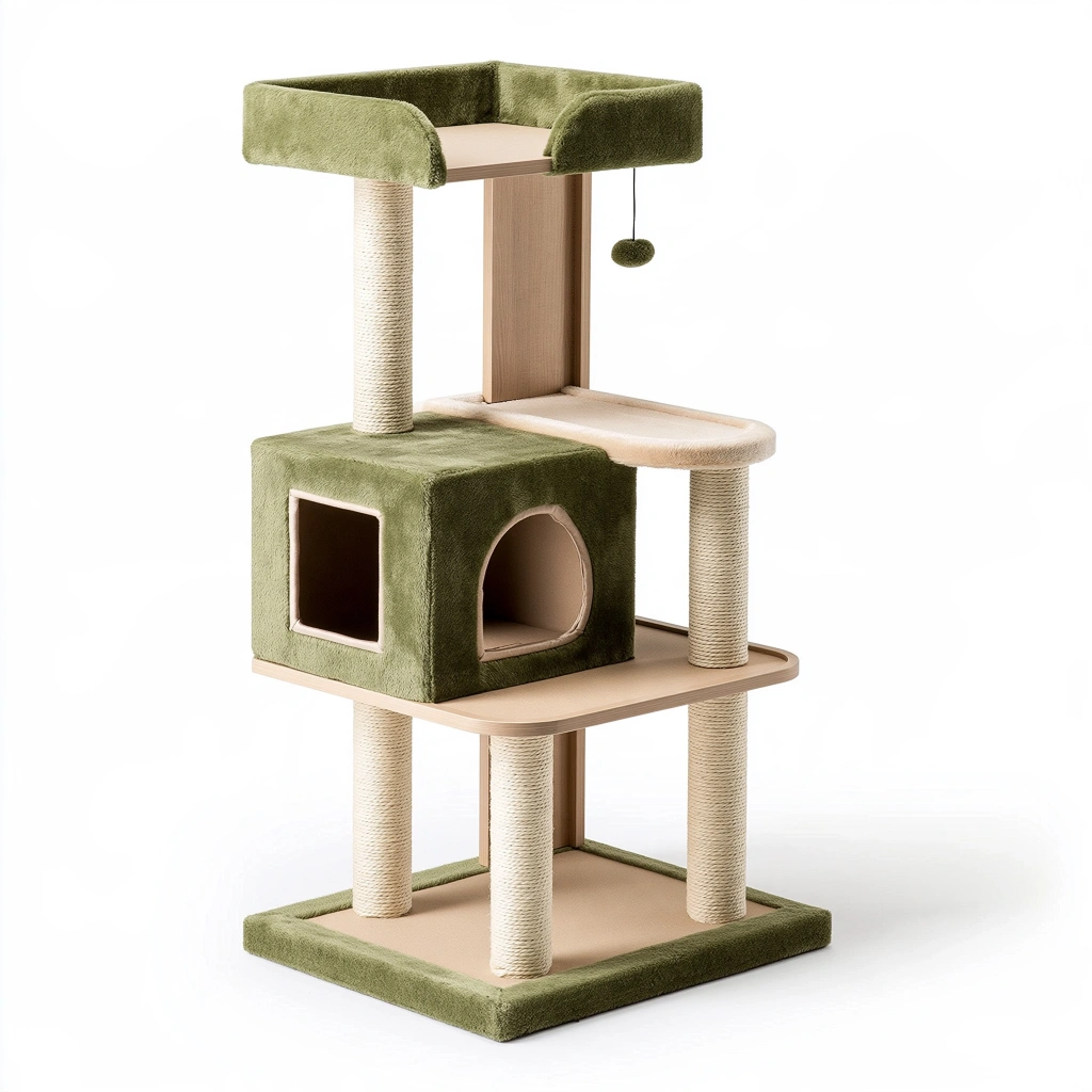 Arbre à chat 60 x 50 x 135 cm en bois beige et vert avec poteaux en sisal et niches