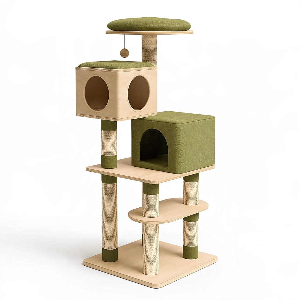 Arbre à chat 60 x 50 x 160 cm en bois beige et tissu vert olive avec griffoirs et niches