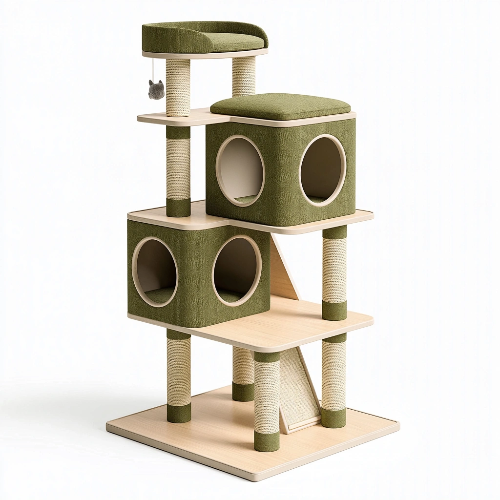 Arbre à chat 60 x 60 x 150 cm vert olive en bois et tissu avec griffoirs plateformes et niches