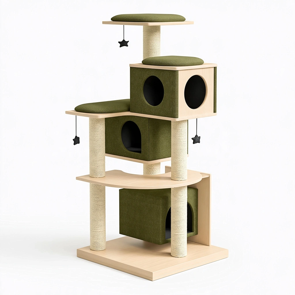 Arbre à chat 60 x 60 x 150 cm vert et bois avec griffoirs plateformes et niches
