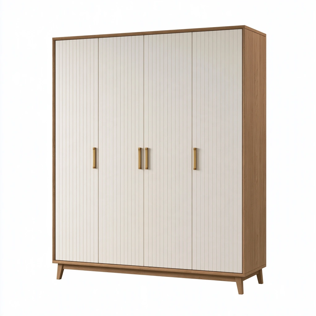 Armoire 160 x 55 x 200 cm en panneaux de bois marron et blanc cassé à 4 portes style contemporain