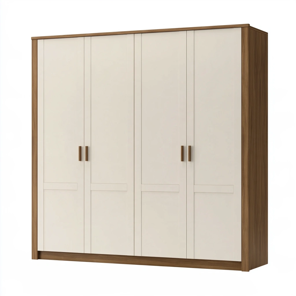 Armoire 4 portes 180 x 60 x 200 cm en panneaux de bois crème et noyer style contemporain