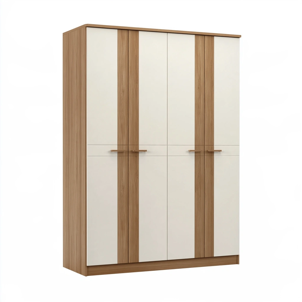 Armoire de rangement 160 x 60 x 200 cm en panneaux de bois blanc et bois naturel - 4 portes style contemporain